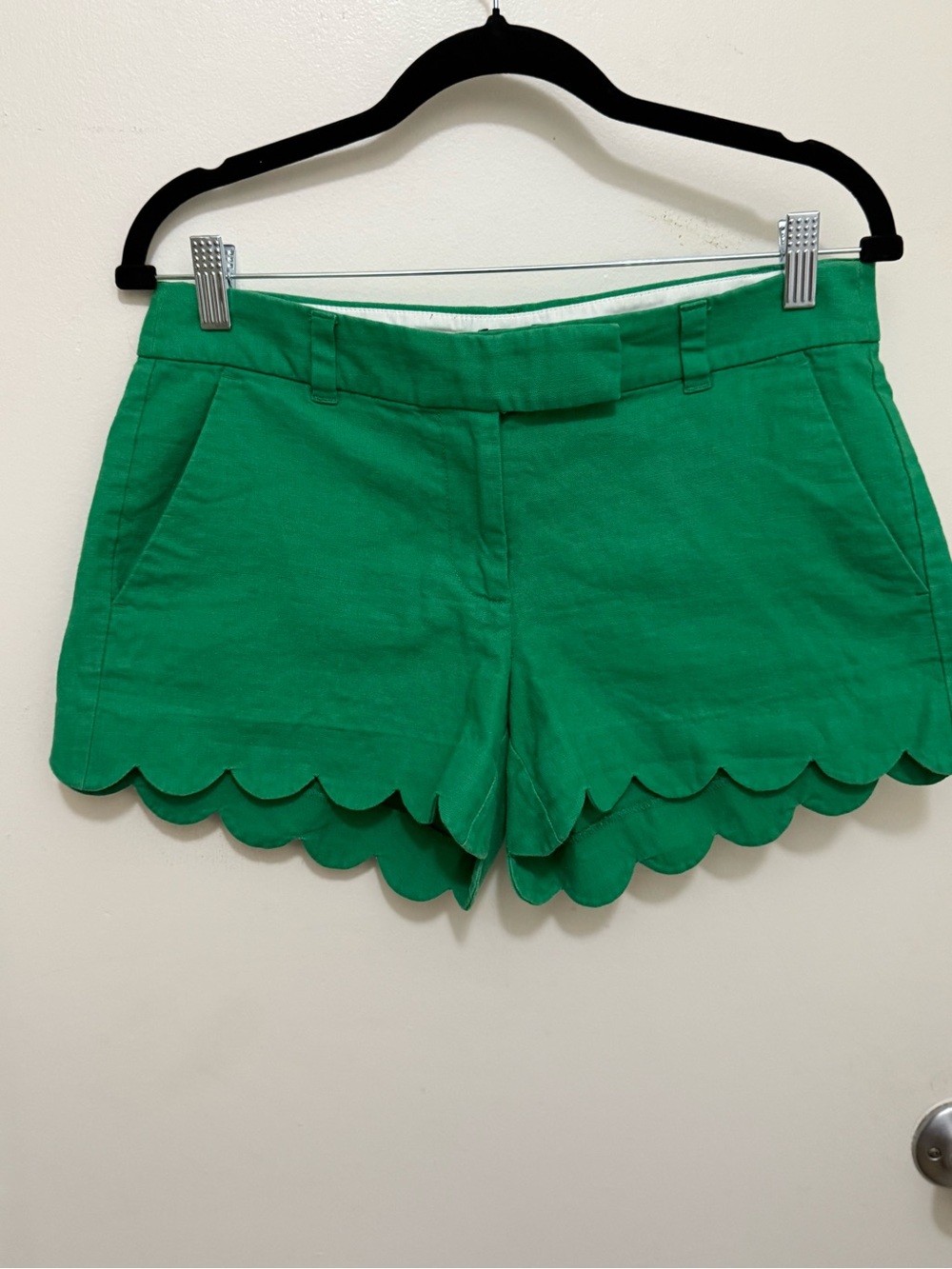 J. Crew Bright Green Scallop-Hem Linen High-Rise Shorts